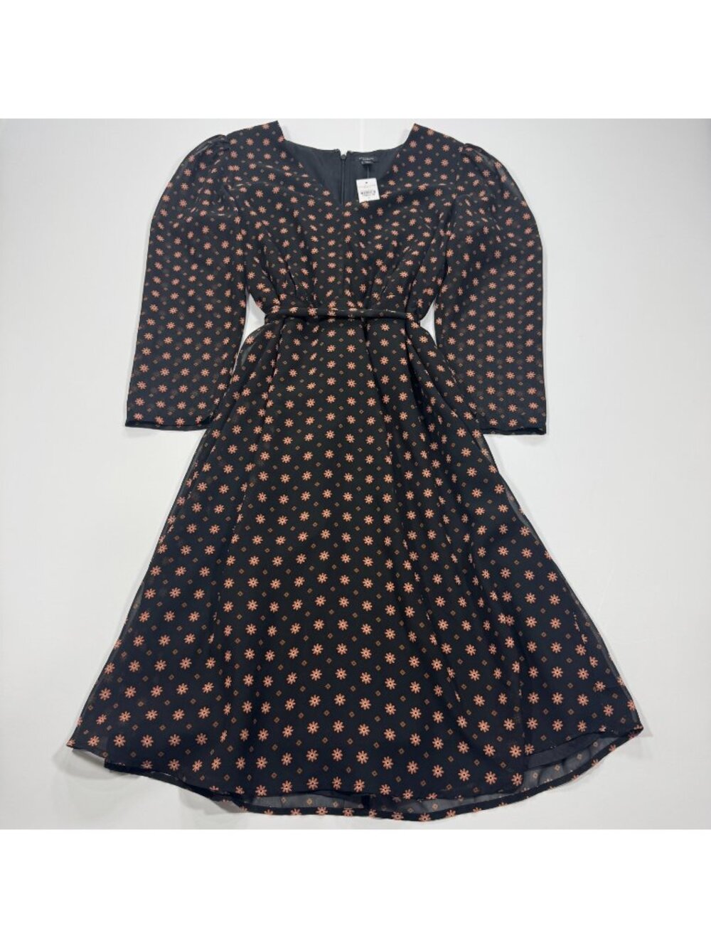 Ann Taylor Midi Dress Women's 4 Black Floral Polyester Shift Belted Lined Party